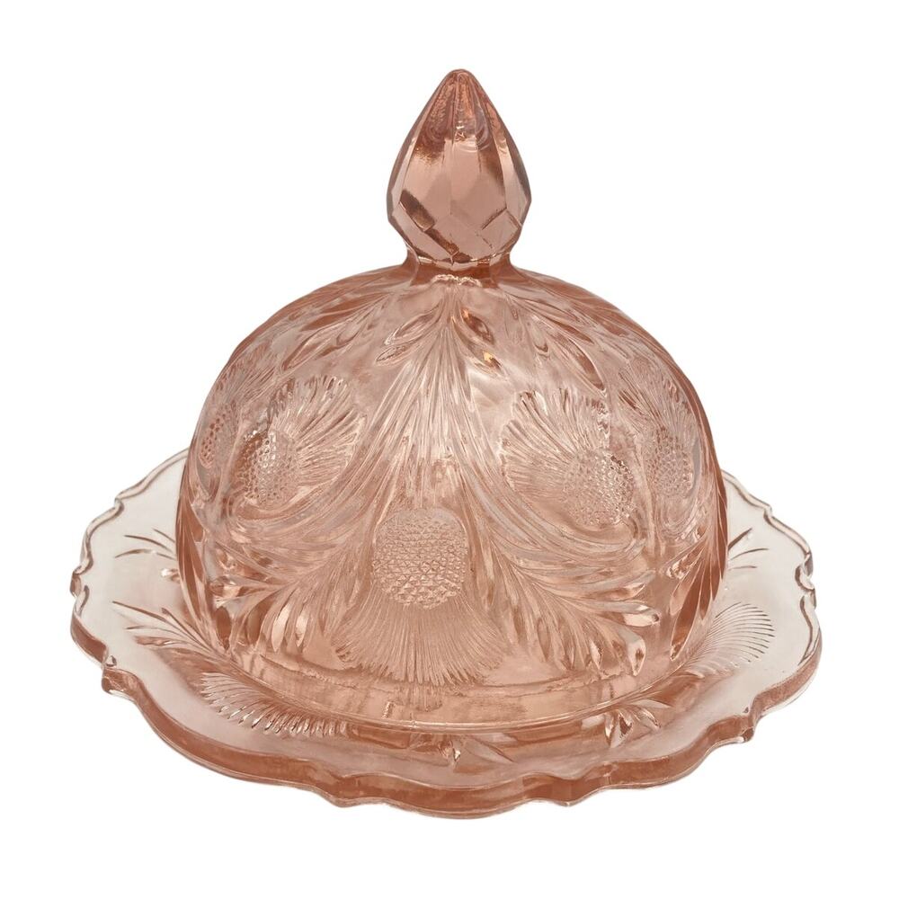 Passion Pink Round Dome Covered Butter Dish Inverted Thistle Mosser Glass USA